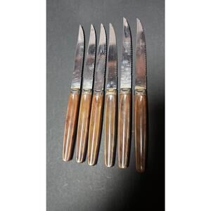 Vintage Regent Sheffield England Stainless Steak Knives Set Of 6 Brown Handles